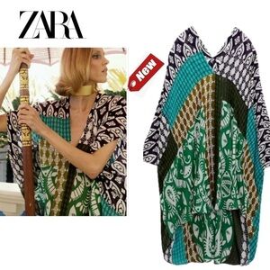 ZARA WOMAN ASYMMETRIC HEM DRESS SHORT PRINTED KAFTAN BEACH COVERUP CHIFFON M NWT